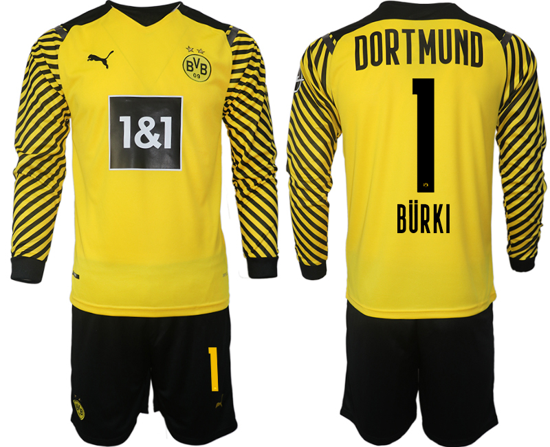 Men 2021-2022 Club Borussia Dortmund home yellow Long Sleeve #1 Soccer Jersey